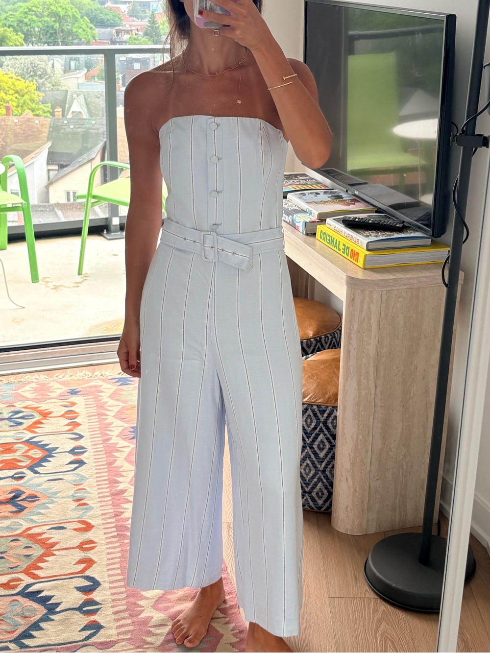 Club Monaco Strapless Light Blue Pinstripe Jumpsuit with Belt